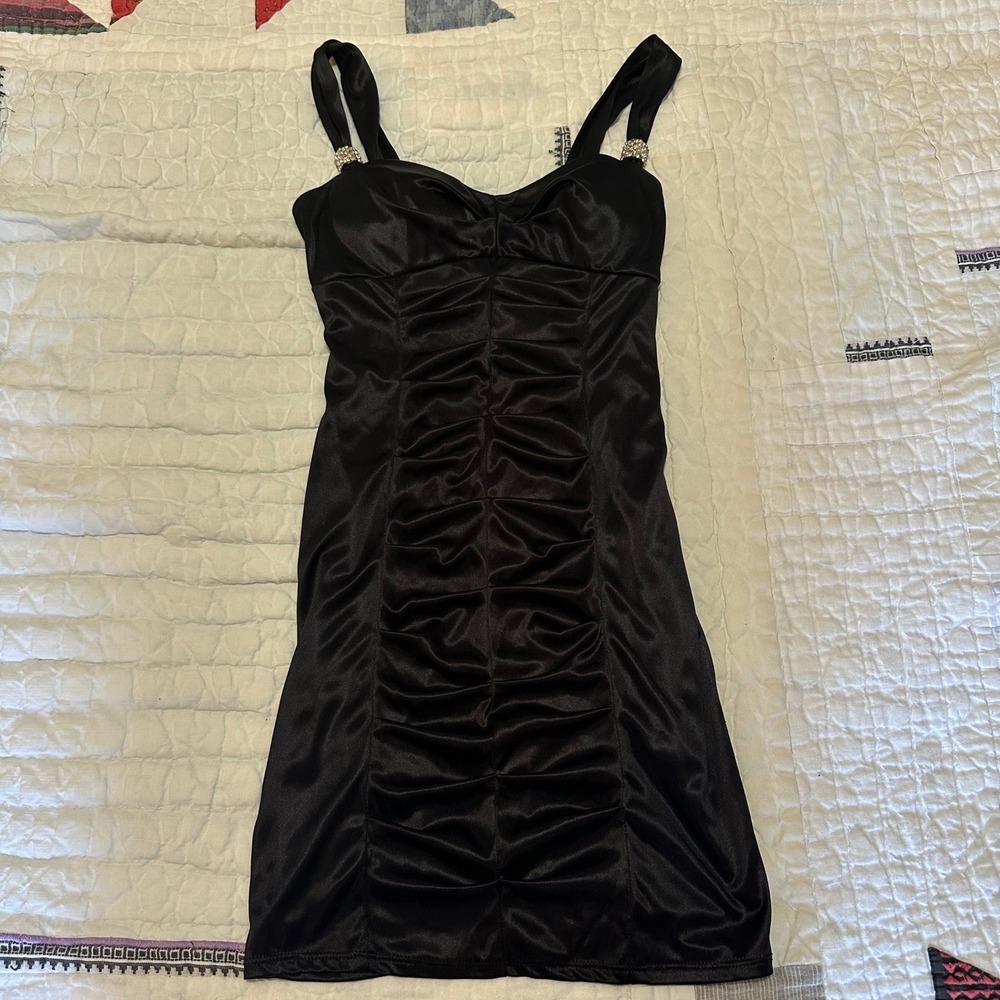 Pompous Girly Mini Dress Black Ruched Satin Rhinestone Sweetheart Size S